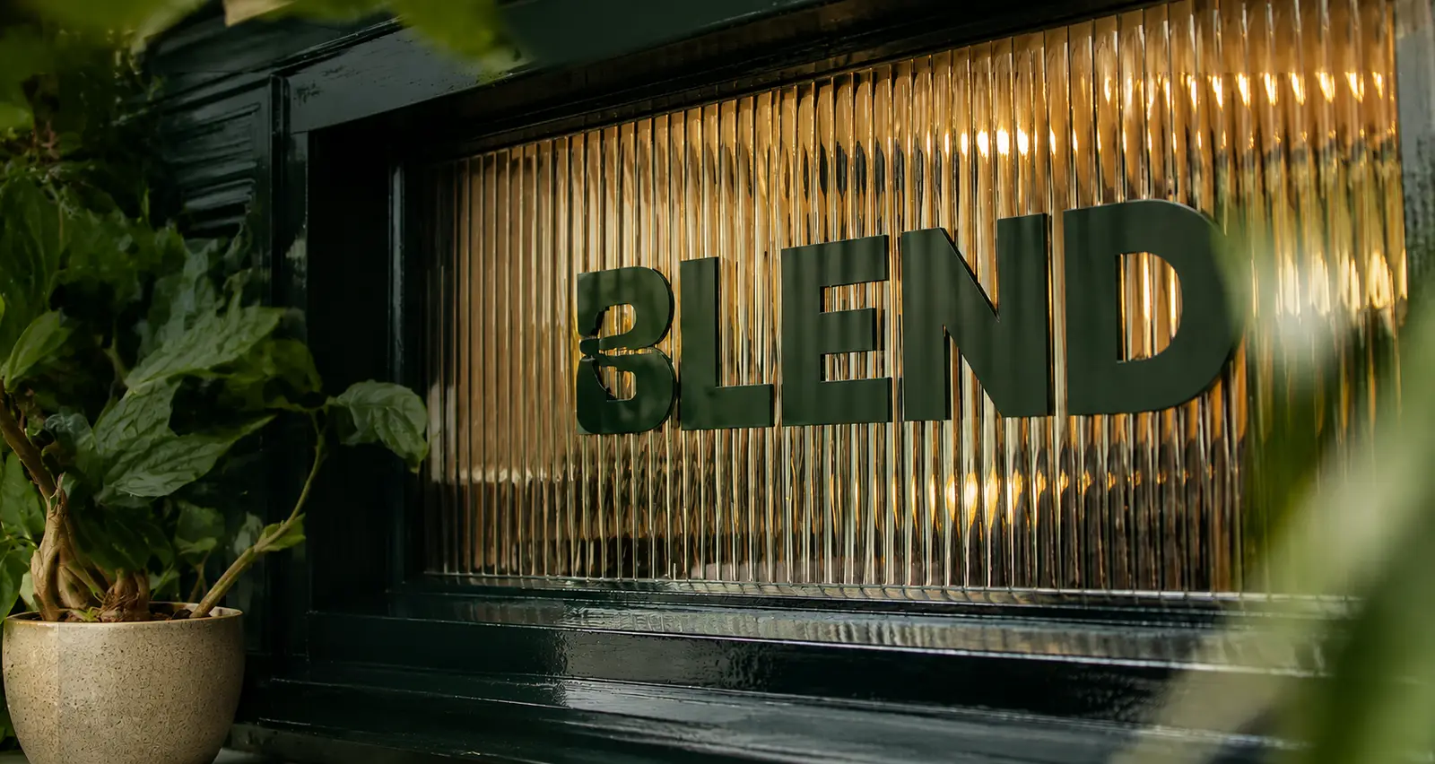 The reeded-glass front door of Blend, framed by potted greenery